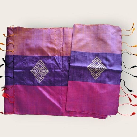 Womens Silk Scarf Rectangle 60" Purple Pink Emblem Fringe Wrap Indian Bohemian - Picture 2 of 8